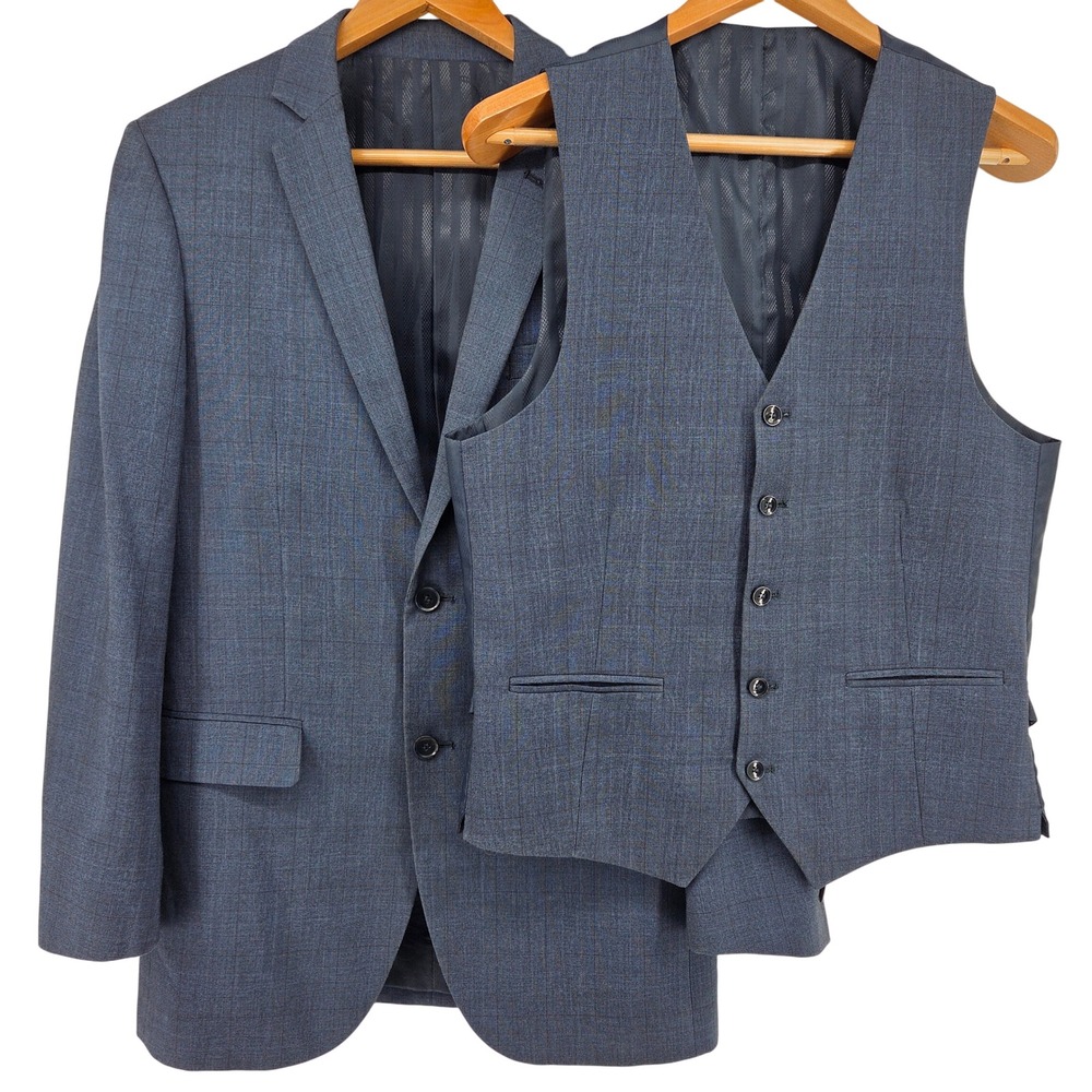 Bocaccio Mens Blue Plaid Suit Jacket Blazer‎ Vest 2 Piece Set 38L